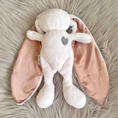 White cuddle bunny with grey heart and mocha silk ears