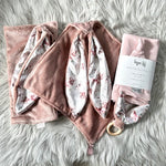 Pink with Peonies Cuddley Gift Set: includes 2 cuddleys, ears teether and blush swaddle and beanie set.