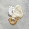 Hard wood teething ring and soft bird wings made from cotton muslin and satin.