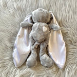Grey cuddle bunny with white heart and white silk ears