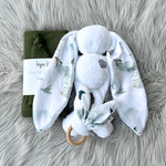 White with Birds Bunny Gift Set includes: ears teether, bunny and fatigue swaddle set.