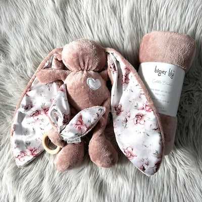 Pink with Peonies Bunny Gift Set includes: Ears teether, Bunny and Fleece blanket.