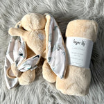 Stone with Birds Bunny Gift Set includes: Ears teether, Bunny and Fleece blanket.