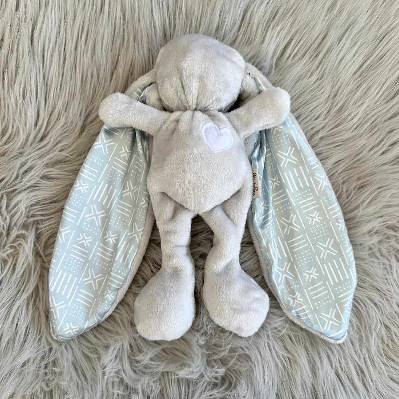 Grey cuddle bunny with white heart and mud cloth pattern silk ears