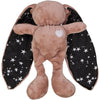 Pink cuddle bunny with white heart and white stars on black silk ears