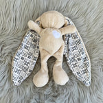 Stone cuddle bunny with white heart and mud cloth silk ears