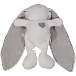 White cuddle bunny with grey heart and grey silk ears