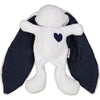 White cuddle bunny with navy heart and silk ears