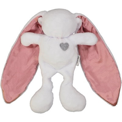 White cuddle bunny with grey heart and pink silk ears
