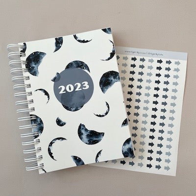2023 Diary with moon crescent deco and blue shades of A5 arrow stickers