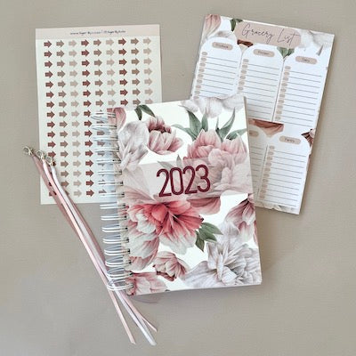 2023 Diary with peonies, Pink A5 Arrow Stickers, A5 Grocery list notepad and 3 ribbon bookmarkers