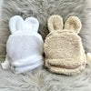 2 baby backpacks with teddy ears (white and oat) made with fluffy teddy bear fabrics.