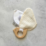 Hard wood teething ring and soft bird wings made from cotton muslin and satin.