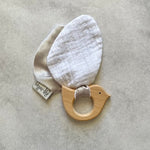 Hard wood teething ring and soft bird wings made from cotton muslin and satin.