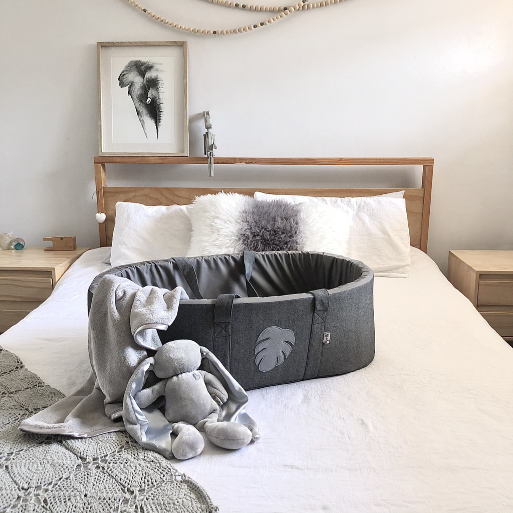 Charcoal carry cot with grey interior and grey monstera leaf