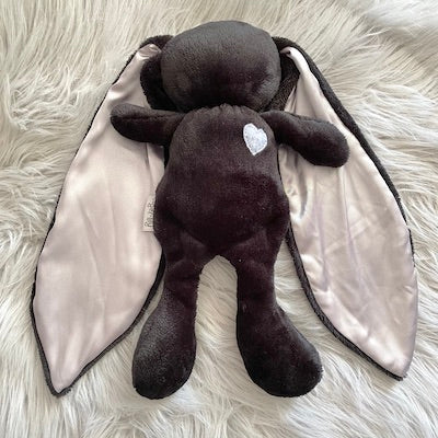 Black cuddle bunny with grey heart and  plain grey silk ears