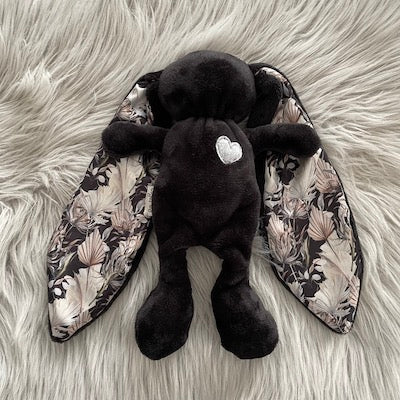 Black cuddle bunny with grey heart and pampas silk ears