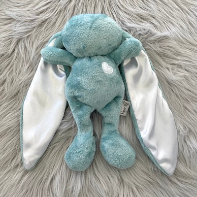 Duck egg cuddle bunny with white heart and plain white silk ears
