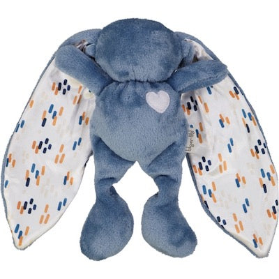 Dusky blue cuddle bunny with white heart and dash pattern silk ears