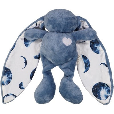 Dusky blue cuddle bunny with white heart and blue moon silk ears