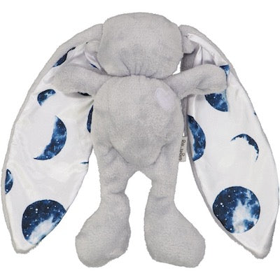 Grey cuddle bunny with white heart and moon printed silk ears