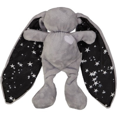 Grey cuddle bunny with a white heart and white stars on black silk ears