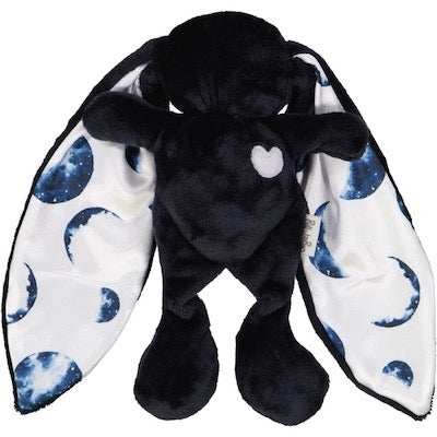 Navy cuddle bunny with grey heart and moon pattern silk ears