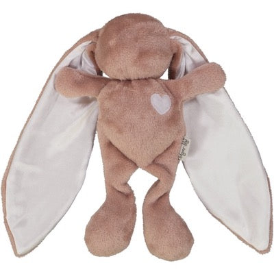 Pink cuddle bunny with white heart and silk ears