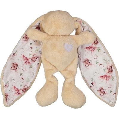 Stone cuddle bunny with white heart and peonies print silk ears