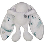 White cuddle bunny with grey heart and bird print silk ears