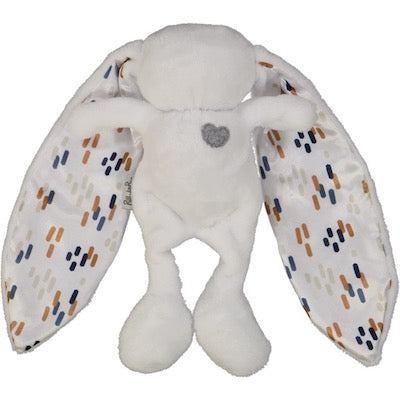 White cuddle bunny with grey heart and dash print silk ears