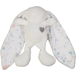 White cuddle bunny with grey heart and terrazzo print silk ears