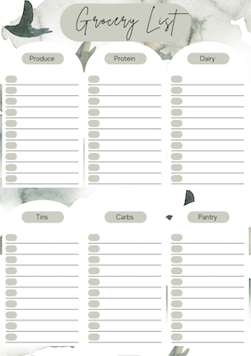 A5 Grocery list (6 Food Categories) notepad with Green water colour birds background