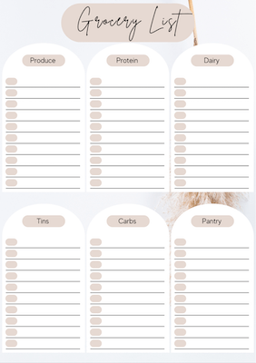 A5 Grocery list (6 Food Categories) notepad with pampas aesthetic background