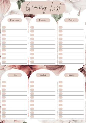 A5 Grocery list (6 Food Categories) notepad with Peonies background