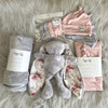 Grey and Peonies New Born Gift Set: Cuddle Bunny, a Fleece Blanket, a Swaddle Blanket & Beanie Set, 2 Newborn Beanies and 2 sets Newborn Mittens.