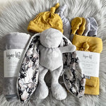 Mustard and Pampas New Born Gift Set: Cuddle Bunny, a Fleece Blanket, a Swaddle Blanket & Beanie Set, 2 Newborn Beanies and 2 sets Newborn Mittens.
