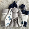 Navy and Moons New Born Gift Set: Cuddle Bunny, a Fleece Blanket, a Swaddle Blanket & Beanie Set, 2 Newborn Beanies and 2 sets Newborn Mittens.