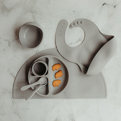 Grey 7 Piece Silicone Toddler Feeding Set (placemat, bib, bowl, divider plate, cup, spoon & fork)