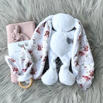 White with Peonies Bunny Gift Set includes: ears teether, bunny and blush swaddle set.