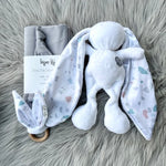 White with Terrazzo Bunny Gift Set includes: ears teether, bunny and grey swaddle set.